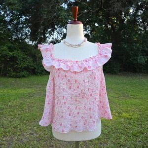 Ralph Lauren Tank Size L Pink Floral Ruffle Smocked Cottagecore VTG Fairy Y2K